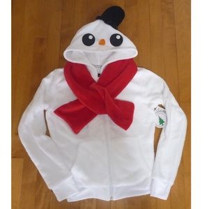 Juniors Plush SNOWMAN Fleece Hoodie -frosty w/ Hat & Scarf Size Large 11/13 NWT